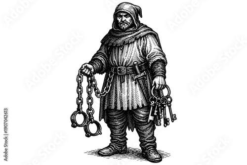 Medieval jailer holding chains and keys in detailed black and white sketch