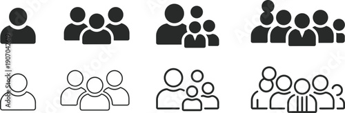 Icons representing single person and groups of people in solid and outline styles symbol