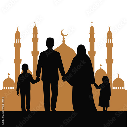 Muslim family silhouette stands before a golden mosque background