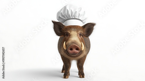 Funny Wild Boar Chef Wearing a White Toque on White Background
