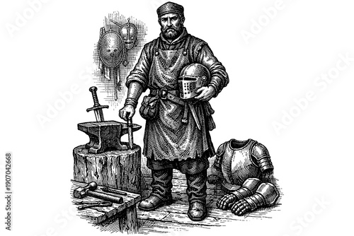 Medieval blacksmith in workshop with armor and anvil engraving style
