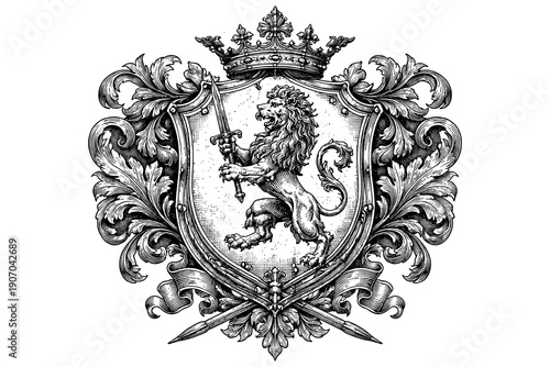 Heraldic lion emblem with ornate crown and flourishes on shield