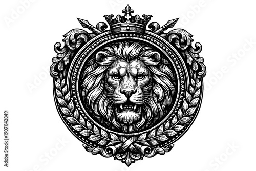 Majestic heraldic lion emblem with ornate crown in intricate black and white design