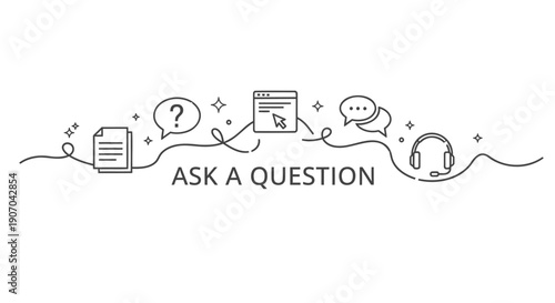 Vector line art icons for customer support or help desk, including question mark, document, computer screen, chat bubble, and headset, with 'ASK A QUESTION' text, for website, banner, or presentation