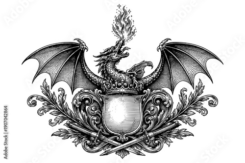 Heraldic dragon emblem with flaming crest and ornate wings