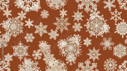 Detailed white snowflakes in various intricate designs are scattered across a warm brown background in this festive seamless winter holiday pattern.