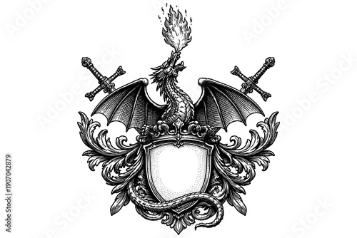 Hand drawn dragon emblem with swords and shield