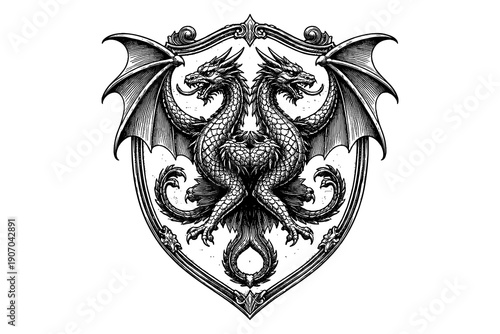 Intricate heraldic double dragon crest emblem design in monochrome style