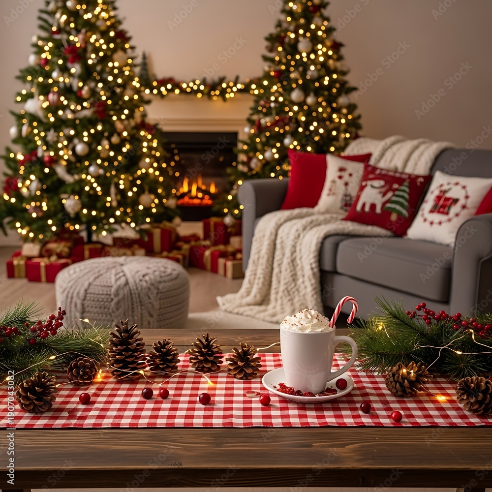 Obraz premium Cozy Christmas Living Room with Decorated Trees and Hot Chocolate.