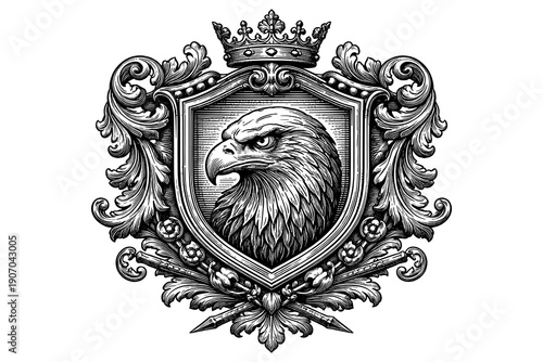 Majestic eagle emblem with ornate crest and crown in detailed monochrome style