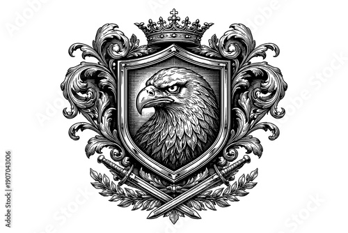 Intricate ornate heraldry with eagle emblem and royal crest design