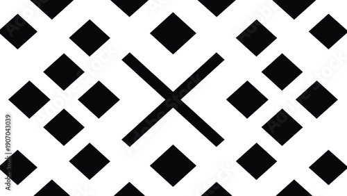 Abstract geometric pattern features black diamonds and a central cross shape arranged symmetrically on a clean white background for modern design.