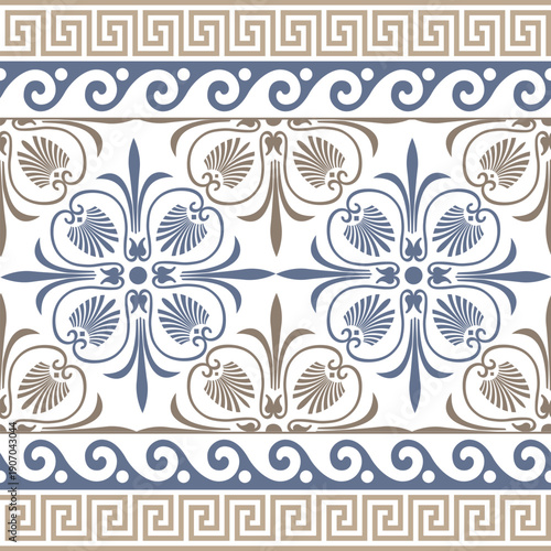 Repeating horizontal border pattern featuring ancient Greek motifs: meander, wave, kyma, and palmette designs in muted blue and beige tones, golden, on white.
