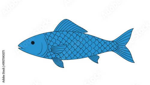 Detailed blue fish illustration shows a side view of a carp or similar species with prominent scales and fins on a plain white background.