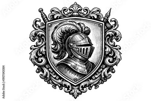 Intricate heraldic knight emblem with ornate shield and helm design