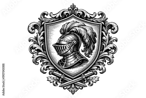 Intricate medieval knight helmet on ornate heraldic shield design