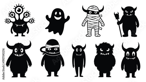 Set of black and white cartoon monster silhouettes includes various spooky creatures like a ghost, a mummy, and horned monsters for Halloween.