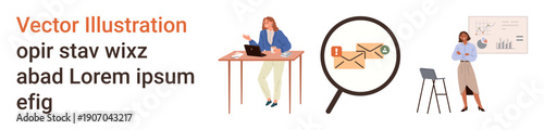 Email security, data analysis, office workflow, business presentations, cybersecurity, teamwork. Three scenes worker at desk, email under magnifying glass person presenting data. Email security