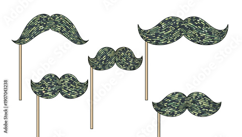 Variety of mustache props on wooden sticks feature a green and yellow textured pattern for fun party photo booth accessories on white.