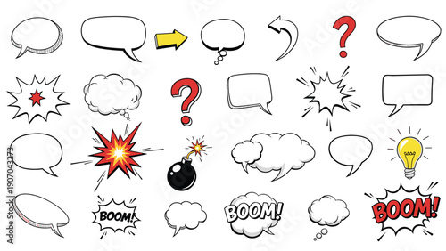 Comprehensive collection of comic book elements includes speech bubbles, thought clouds, explosions, and exclamation marks for dynamic art.