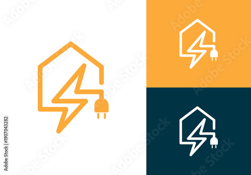 A modern home electrical vector logo design featuring a house and electrical symbols. An abstract design featuring a house with an electric lightning bolt and an electrical plug, a graphic vector 