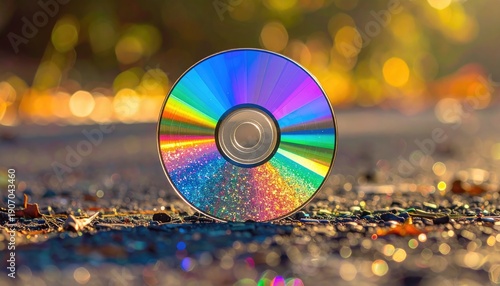 Close up of a colorful CD disc with water droplets on a textured surface.