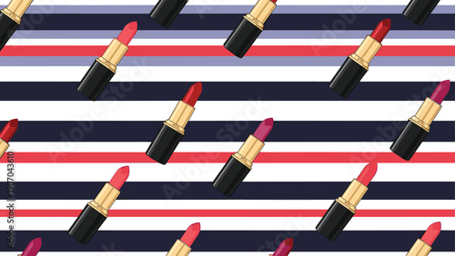 Trendy seamless pattern features various shades of lipstick tubes arranged over a background of blue, red, and white horizontal stripes.