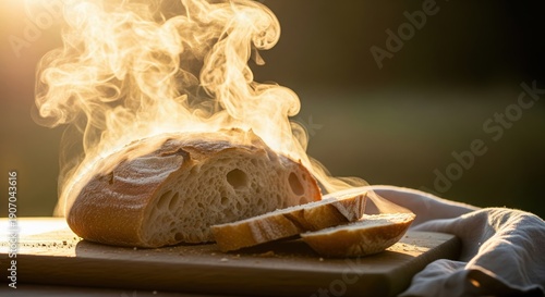 Wallpaper Mural Warm Artisan Bread Loaf on Wooden Cutting Board with Steamy Aroma at Sunset Glow Torontodigital.ca