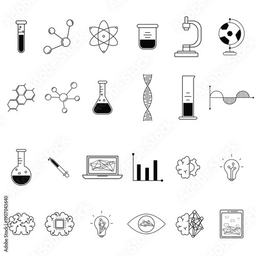 Science and Artificial Intelligence Line Icon Set. Vector illustrations of laboratory equipment, molecular structures, DNA, and AI neural networks. Concept of biotechnology, digital education, and fut