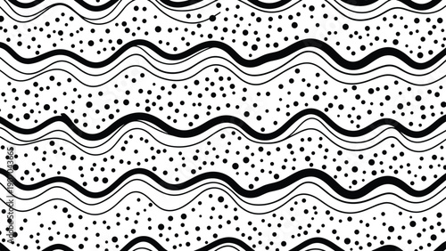 Abstract black and white pattern consists of horizontal wavy lines interspersed with various sized dots for a dynamic and textured look.