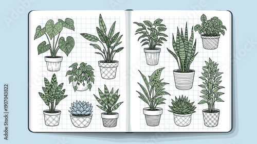 Open sketchbook page features a variety of hand-drawn potted indoor plants and succulents depicted in a detailed botanical style.