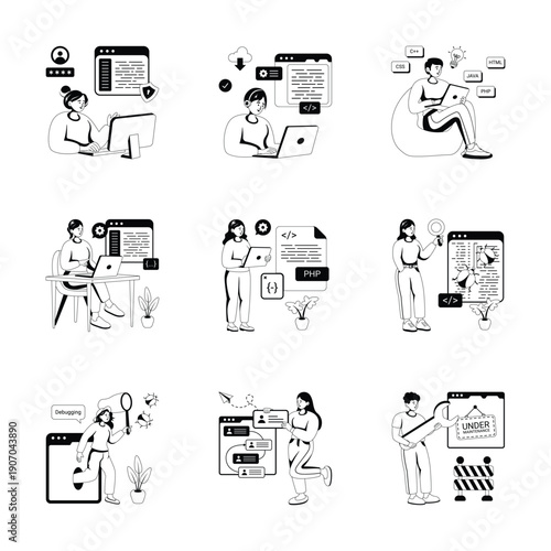 Here is a modern glyph style illustrations set of website development