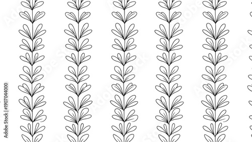 Simple botanical pattern featuring vertical rows of hand-drawn green plant stems with rounded leaves is displayed on a white background.