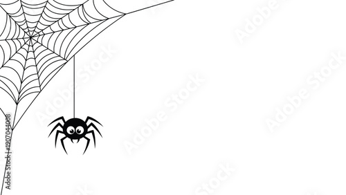 Cartoon spider with big eyes is hanging from a silk thread next to its web in the corner of a white background for halloween themes.