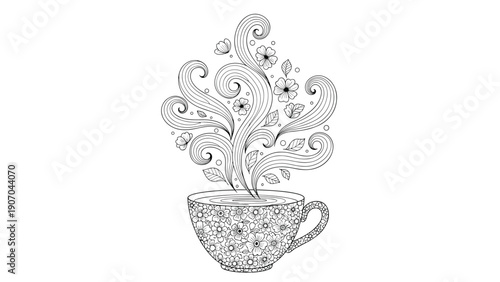 Decorative tea cup with floral patterns emits artistic steam swirls containing flowers and leaves in a black and white line drawing.