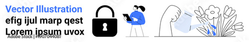 Cybersecurity, online safety, data protection, ecological care, environmental sustainability, personal development. Lock icon, person with digital device hand watering plants. Cybersecurity