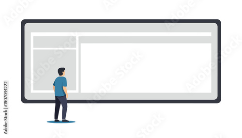 Small man constructing a simple website template on a large computer screen with a modern user interface design