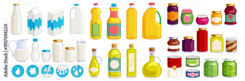 Big set of grocery items — milk, dairy, oils, canned goods. Food vector illustration