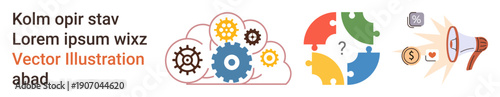 Technology, data processing, problem-solving, teamwork, communication systems, innovation. A cloud with gears, puzzle pieces and communication icon. Technology and data processing concept