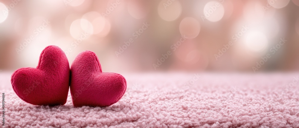 Obraz premium Two red hearts on a pink glitter background with blurred bokeh lights for a Valentine's Day banner template