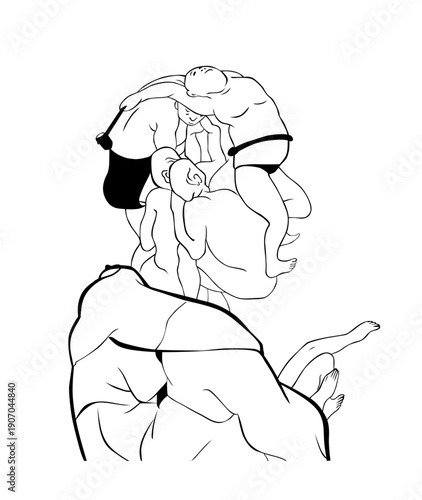 Traditional Japanese sumo wrestlers grappling line art vector illustration