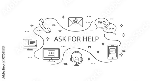 Vector illustration of helpdesk support icons, including phone, email, FAQ, computer, and headset, for website or app customer service template