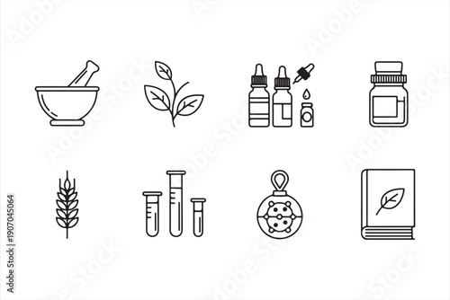 Collection of botanical and pharmaceutical line icons representing natural remedies and science