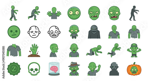 A collection of cartoon zombie icons in various poses and expressions, including heads, bodies, and related objects.
