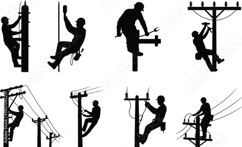 Linemen Working On Utility Poles And Power Lines lineman electrician