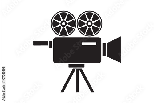A black silhouette of a vintage film camera with two reels displayed prominently