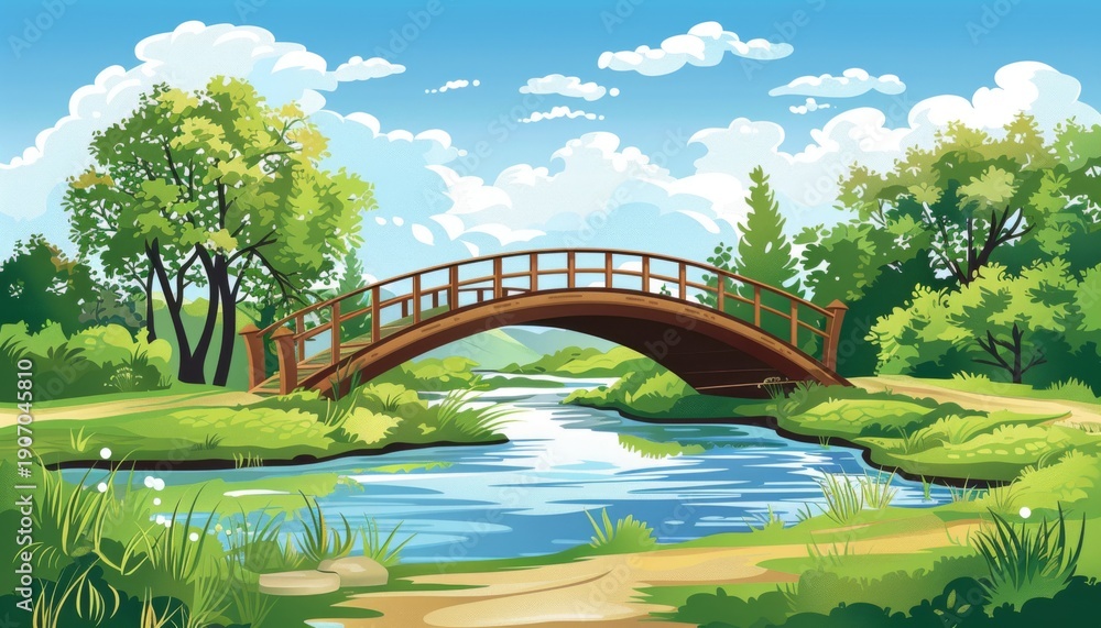 Fototapeta premium Beautiful countryside landscape featuring a wooden bridge over a serene river surrounded by lush greenery and vibrant blue skies