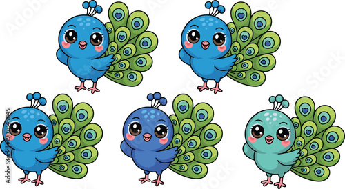 Cute peacock cartoons, adorable colorful bird characters with big eyes isolated on white background, kawaii vector set