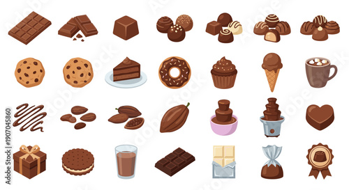 A collection of various chocolate treats, sweets and desserts, presented in a colorful illustration.