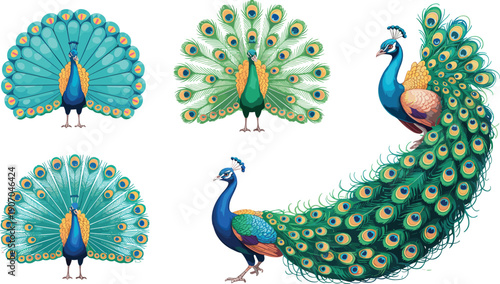 Peacock bird illustrations, colorful feather fan and long tail isolated on white background, decorative wildlife vector set
